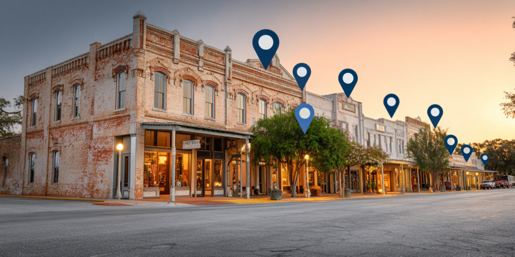 Weatherford TX attorneys local SEO strategy 2026 – small Texas courthouse town square at golden hour with digital marketing overlay